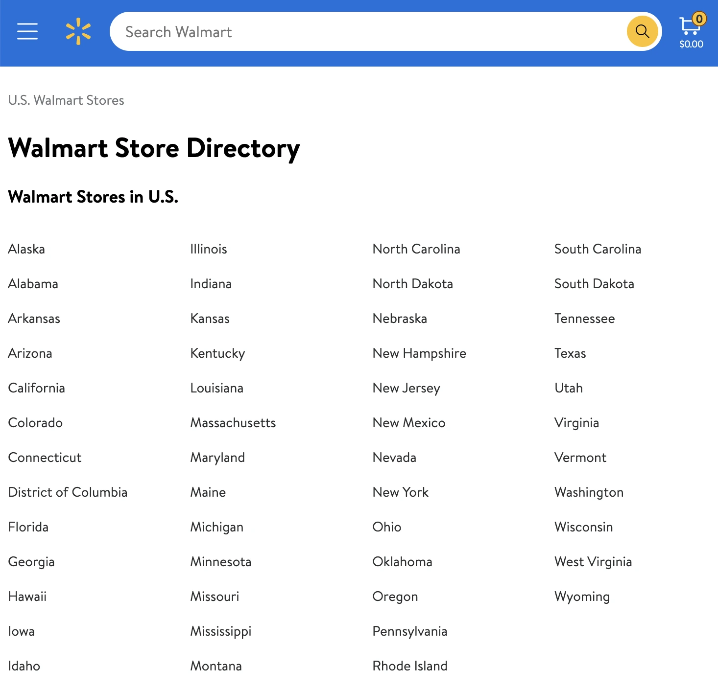 Walmart按美国各州排列的门店目录