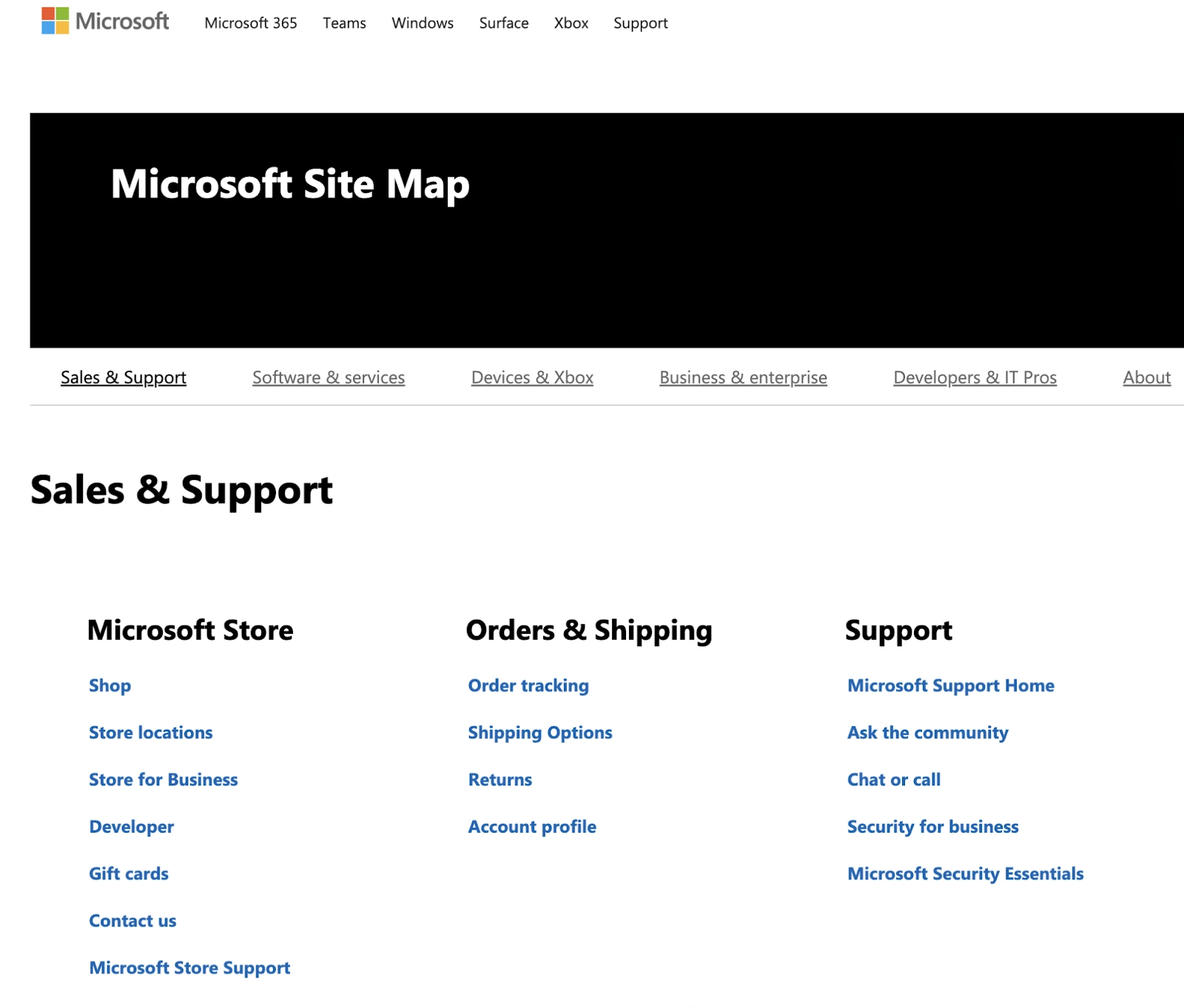 Microsoft HTML网站地图按业务和服务需求分类