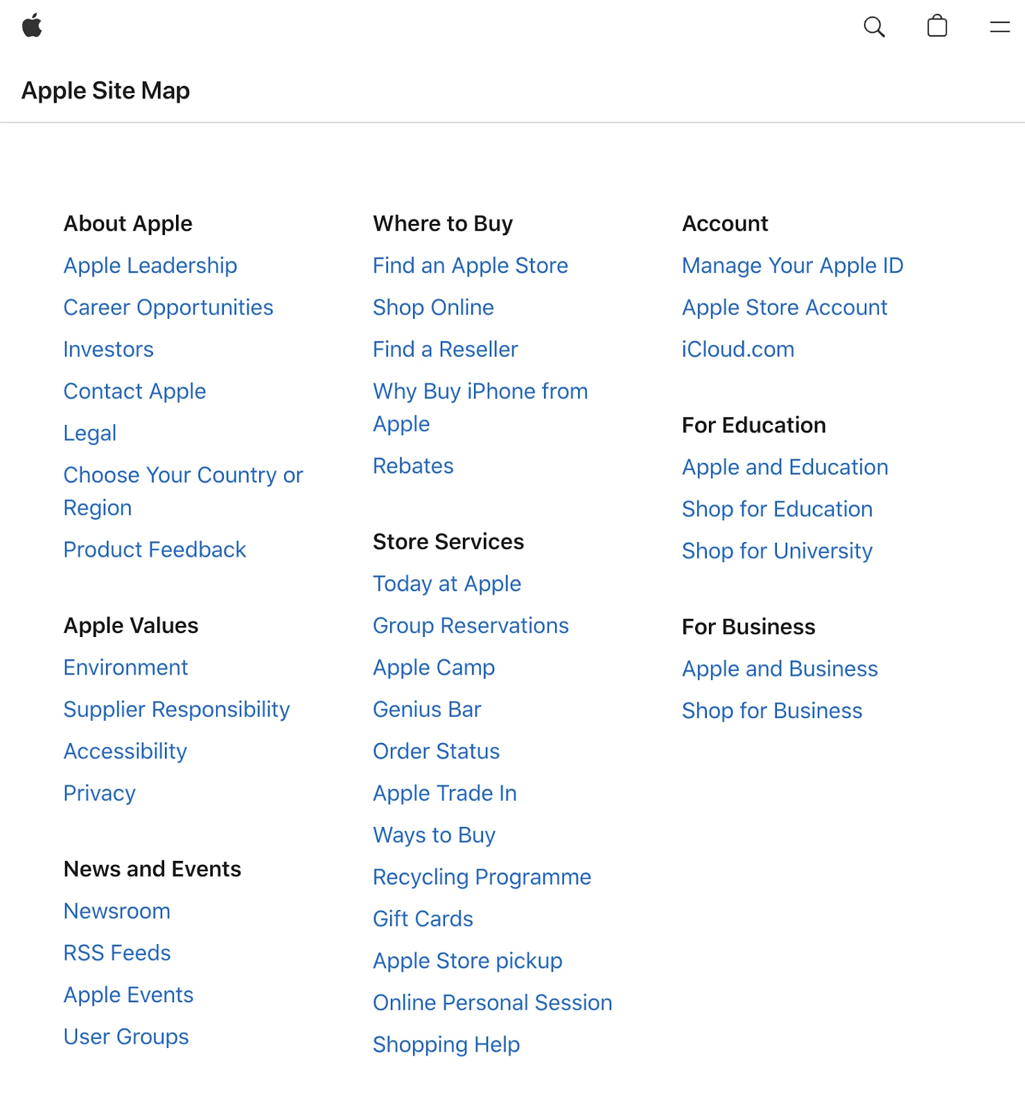 Apple网站地图按公司信息购买渠道账户和服务分组