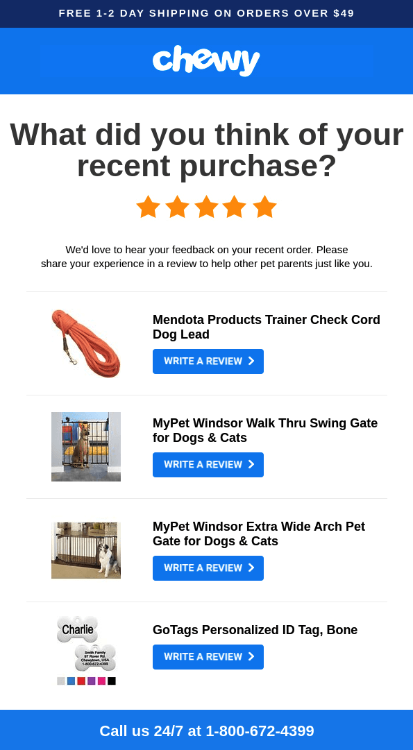 A post-purchase email from, pet company, 耐嚼 that encourages users to write reviews for recently purchased products.