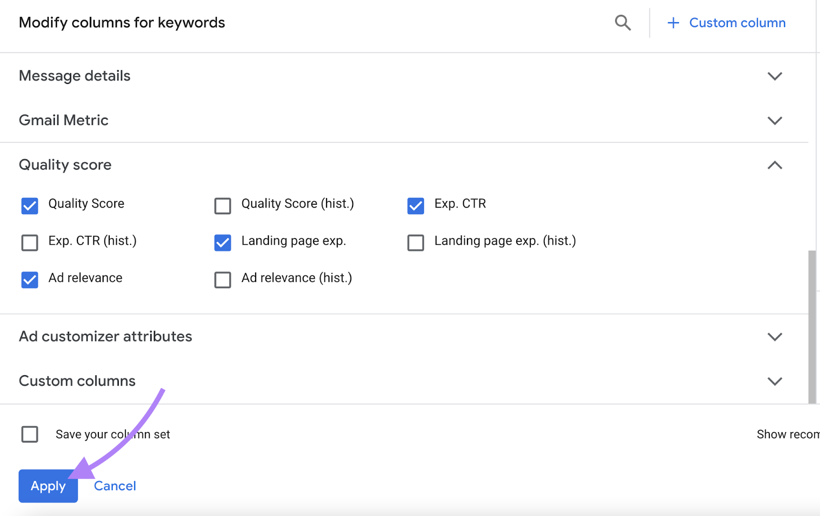 “Modify columns for keywords”section with 