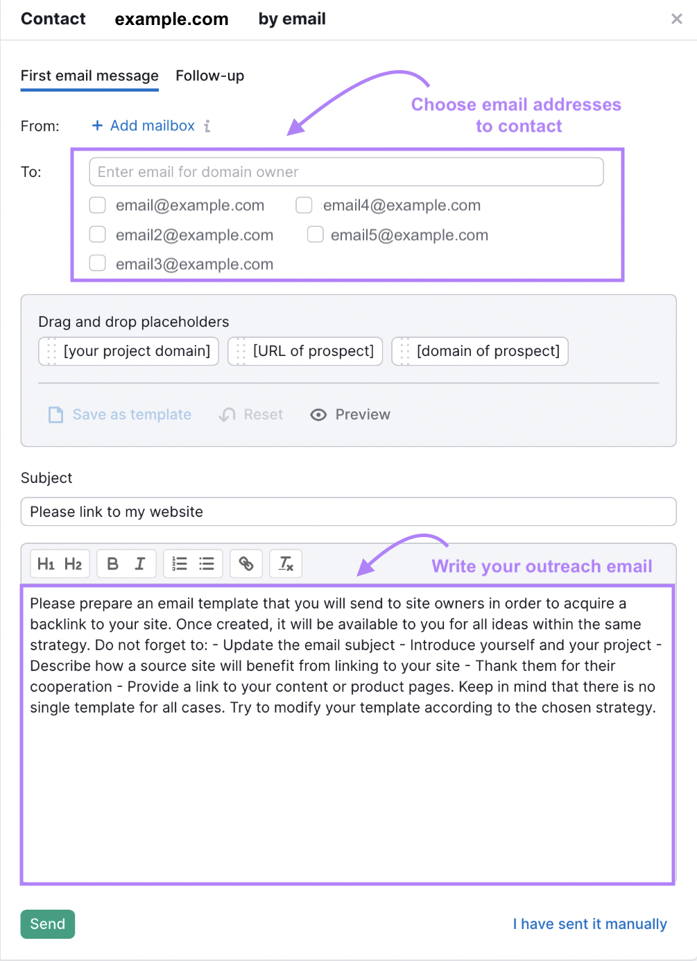 链接构建工具 lets you write and send emails directly from the tool