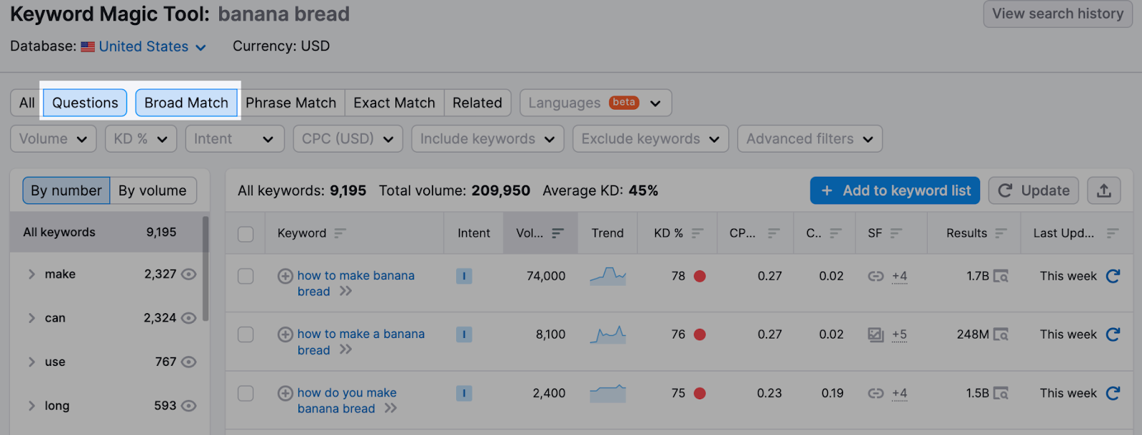screenshot of Keyword Magic Tool w这里 you can see how to find question-based keywords