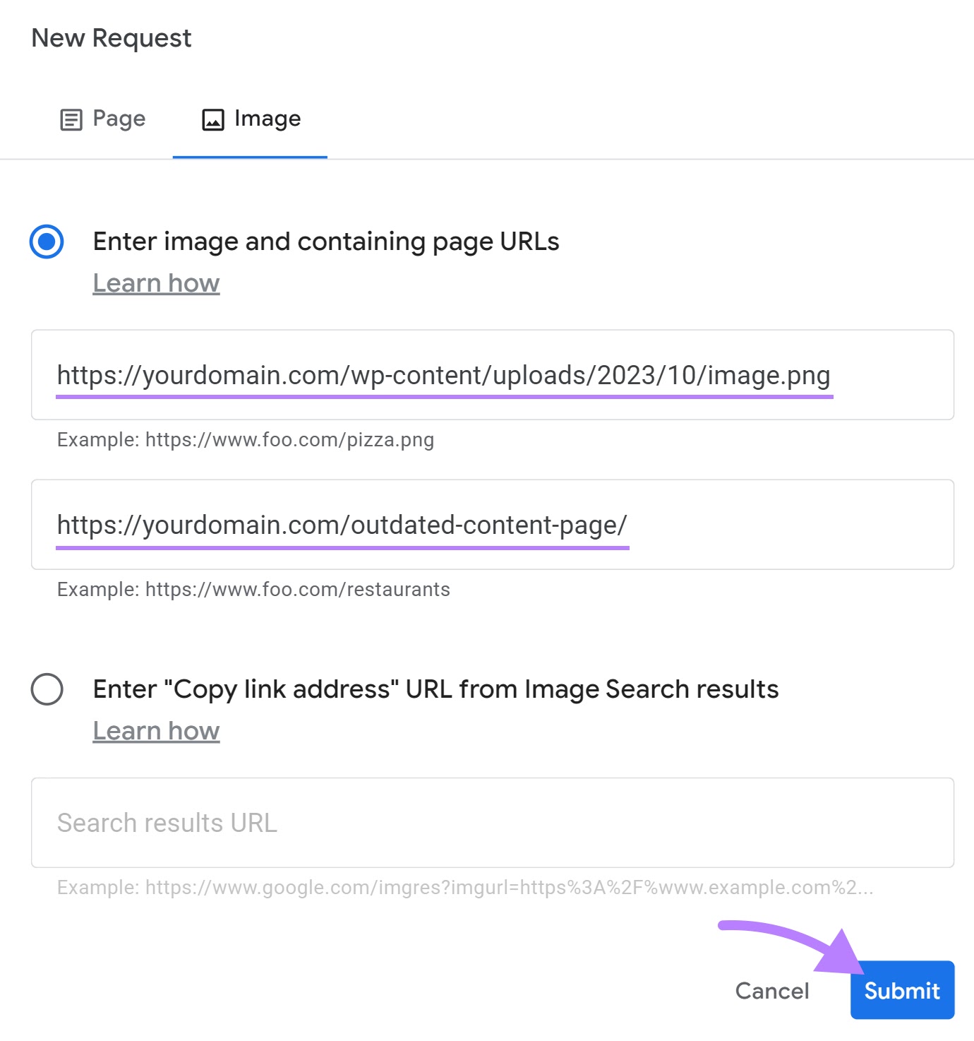 An mage URL and the URL of the page that contains the image entered under the