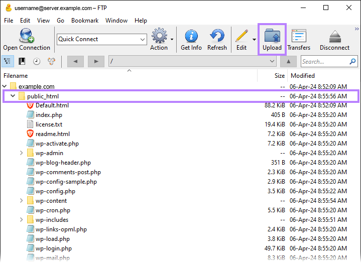 数码教育 FTP client interface showing option to upload a new file.
