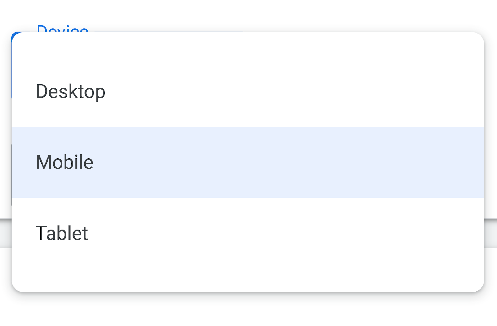 A device drop-down menu dispplaying the options 
