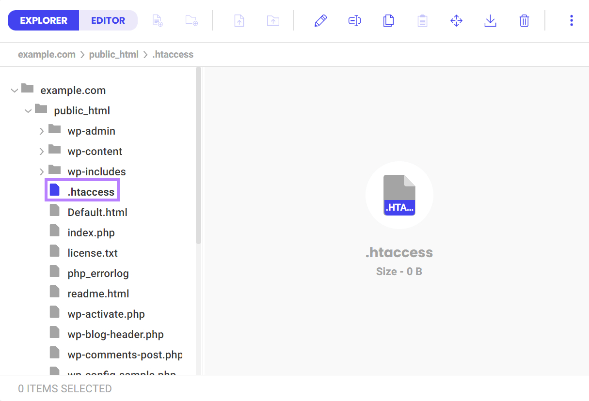 Web host file manager showing a blank .htaccess的 file created from scratch.