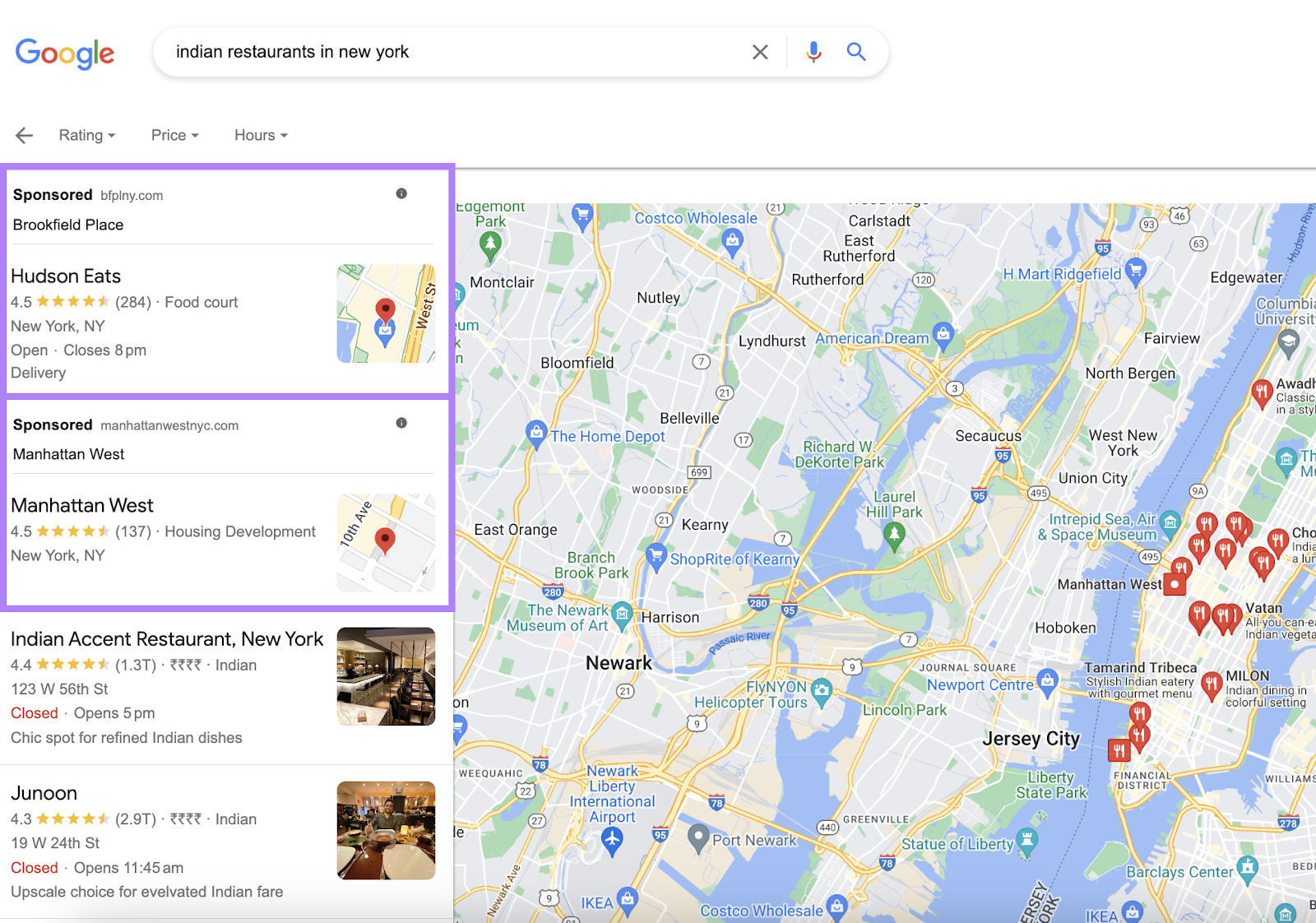 Google local pack results for “best restaurants in new york
