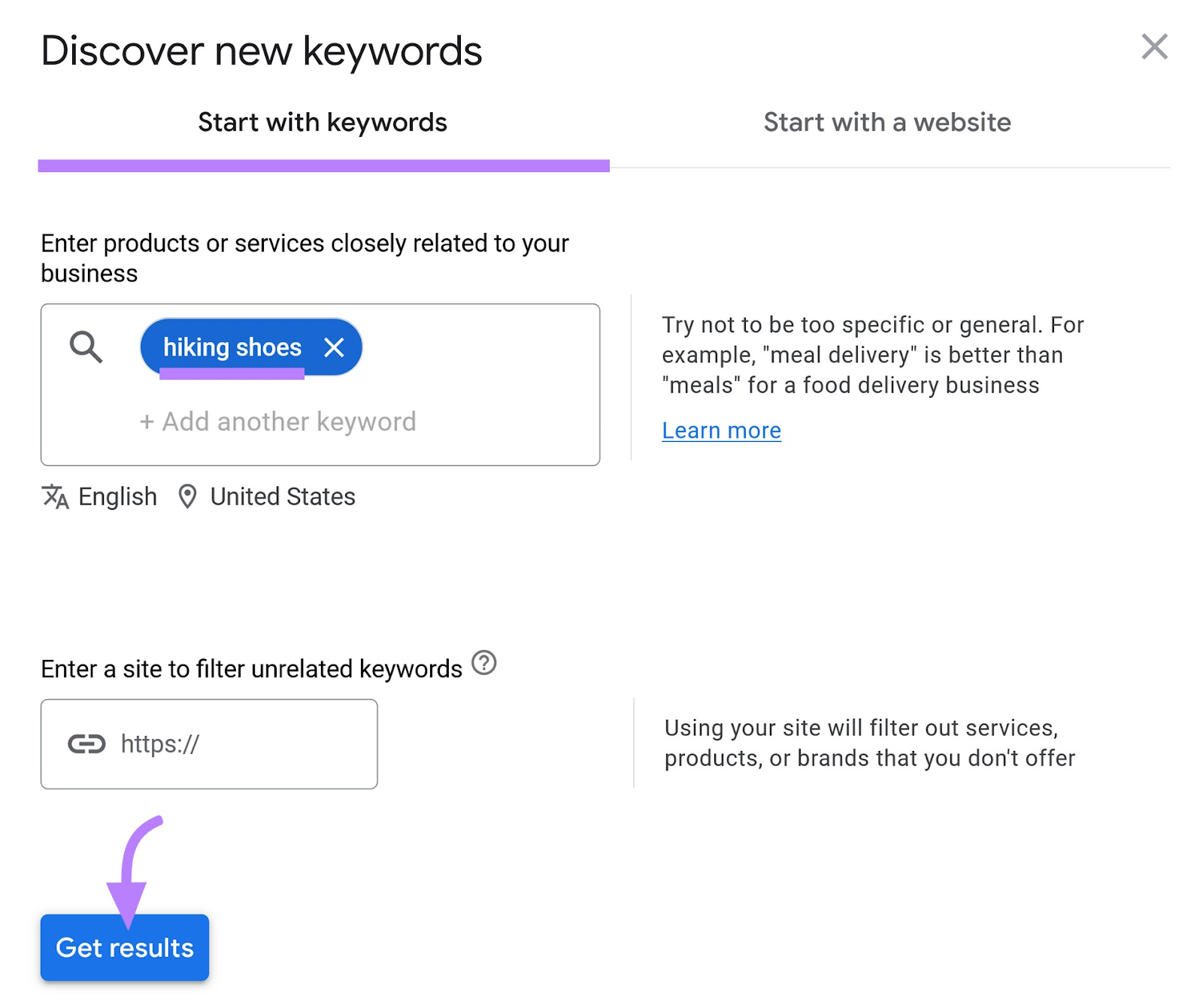 “Start with keywords”tab in 谷歌关键字规划师