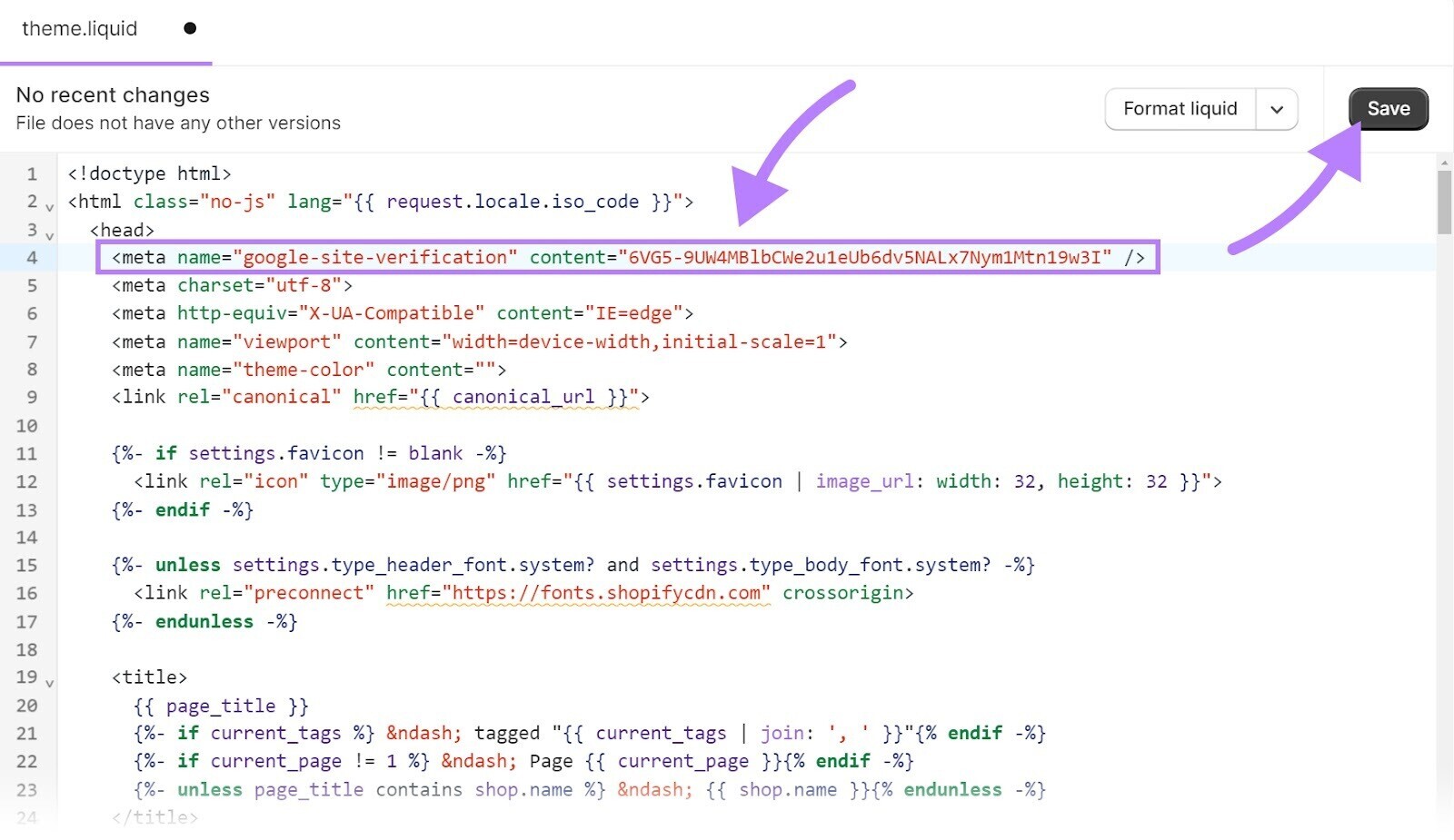 Shopify theme.liquid file with Google search console site verification 密码 added