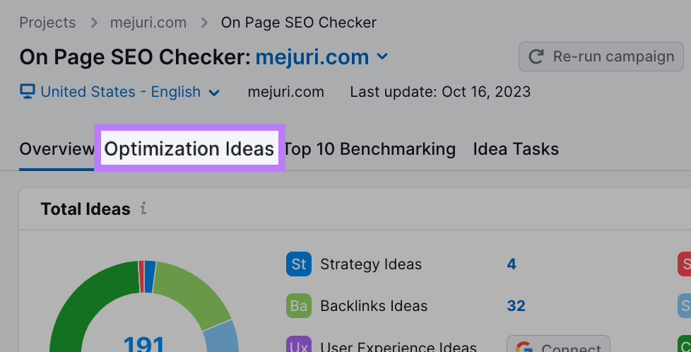 “Optimization Ideas”tab selected in 网页搜索引擎优化检查