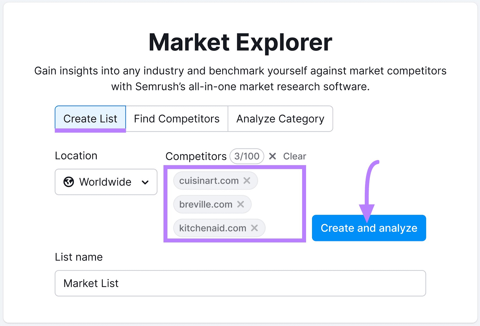 Create list option in 市场探索者 tool