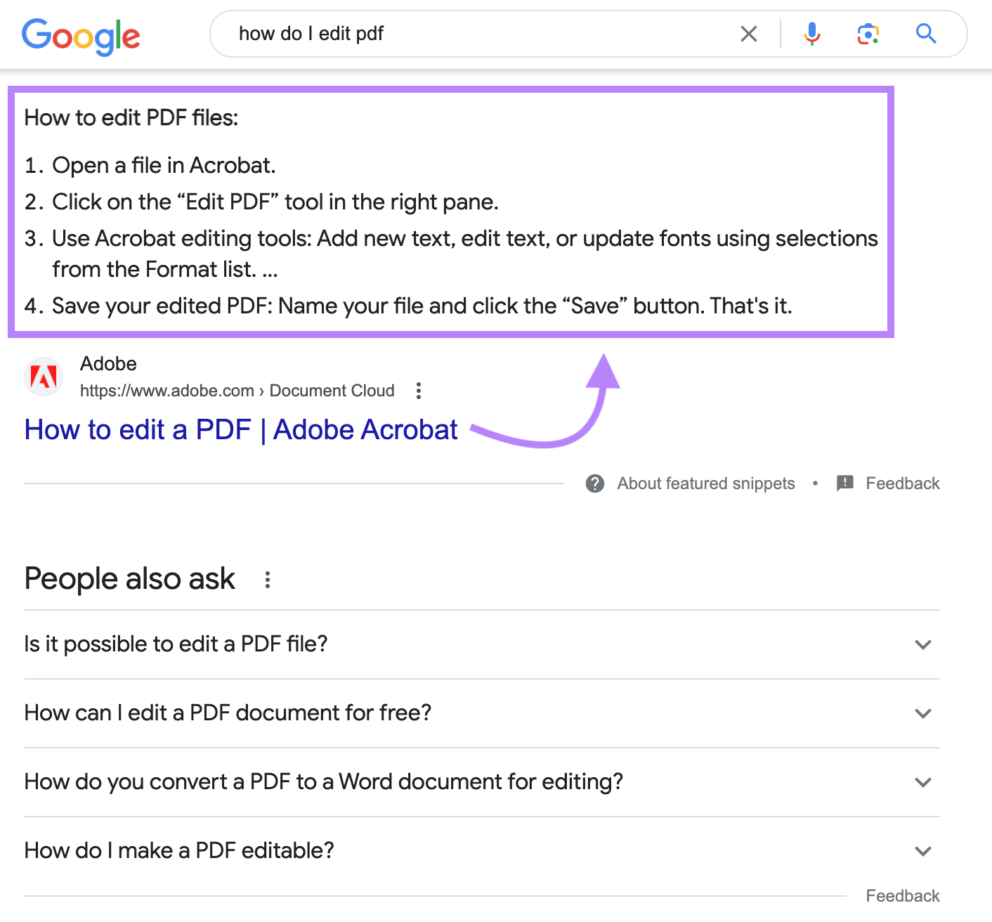 an example of featured snippet from Adobe in Google SERP for