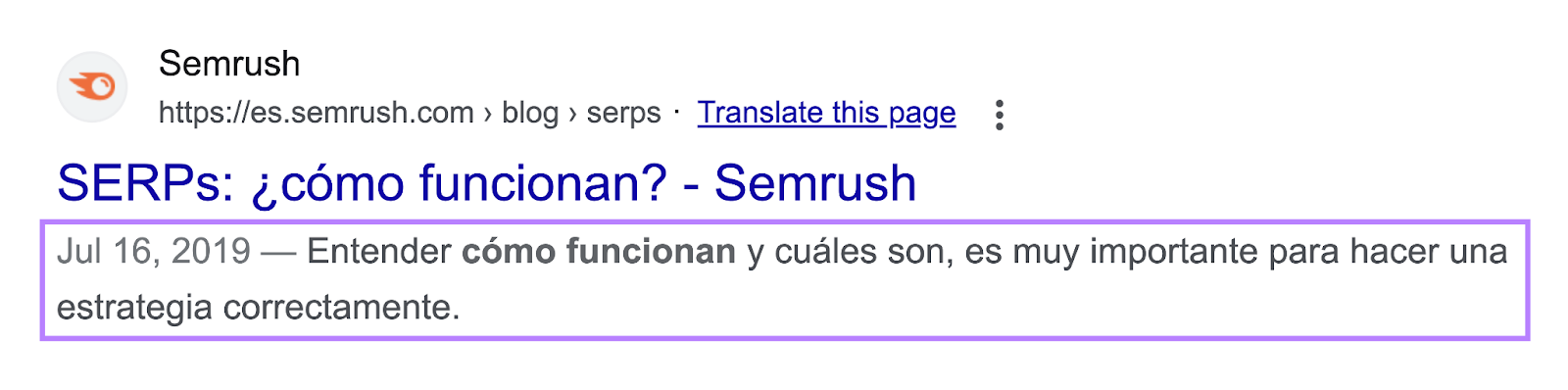 SERP 元描述 for Semrush blog in Spanish