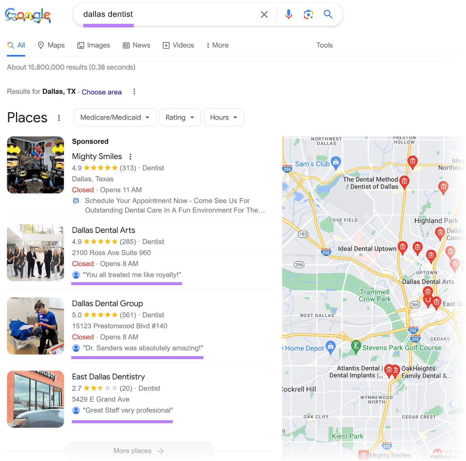 Top-ranking places for “dallas dentist”query