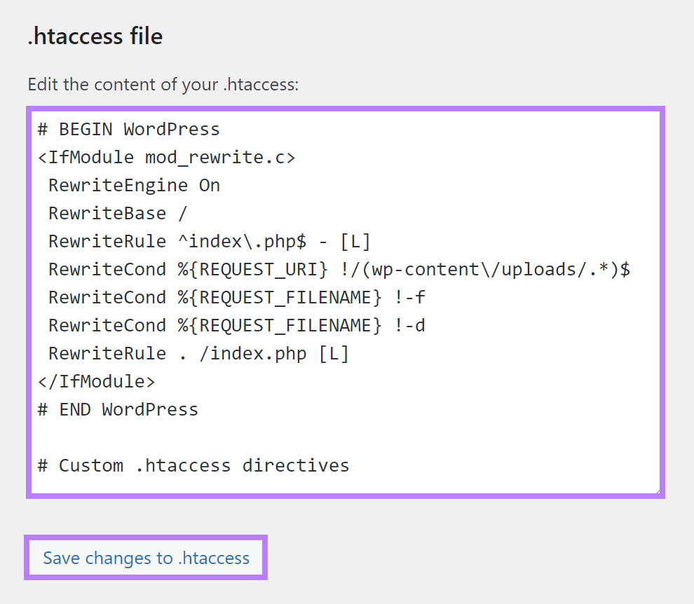 尤斯特搜索引擎优化 WordPress plugin .htaccess的 file editor screen.