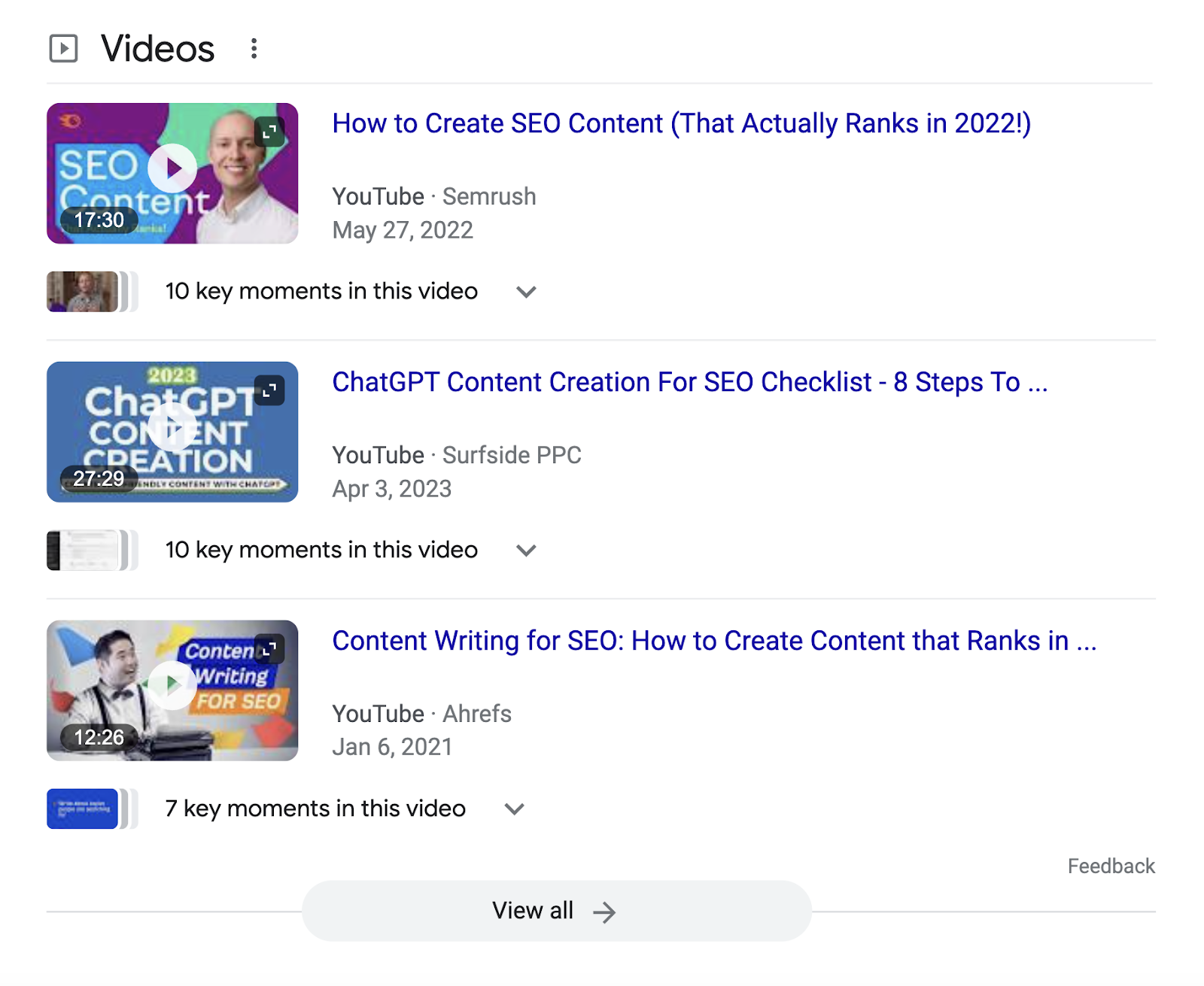 Semrush’s YouTube video ranks for