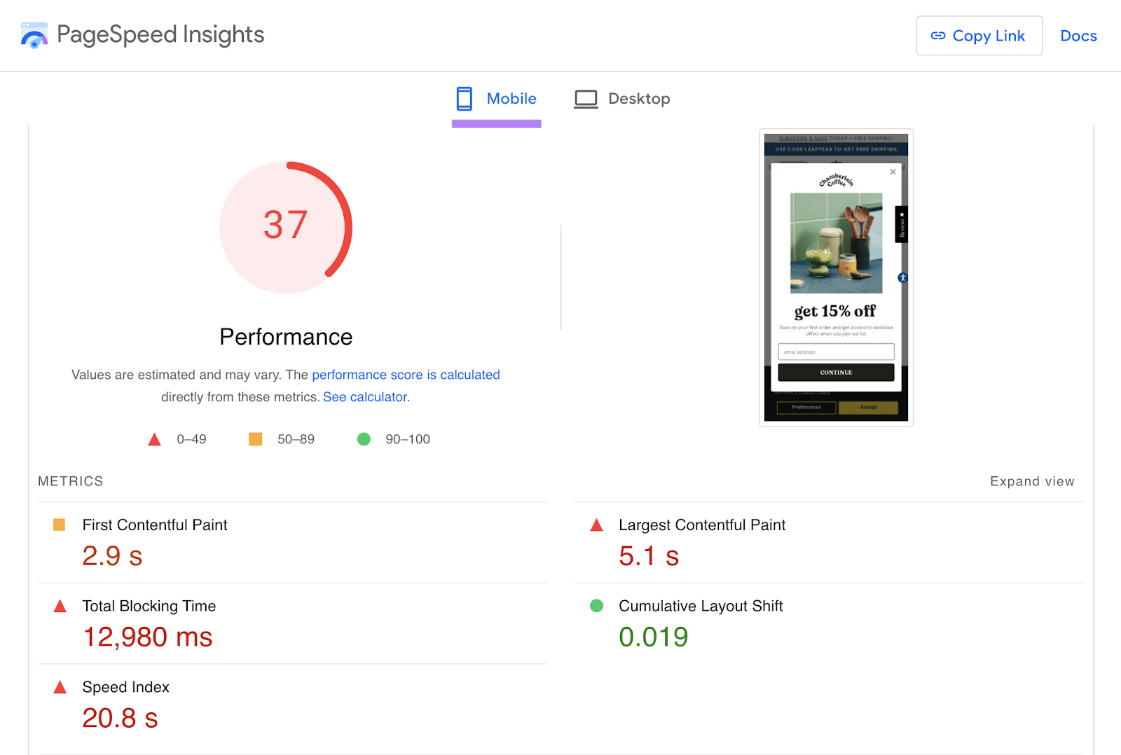 Performance score shown for mobile in PageSpeed洞察 tool