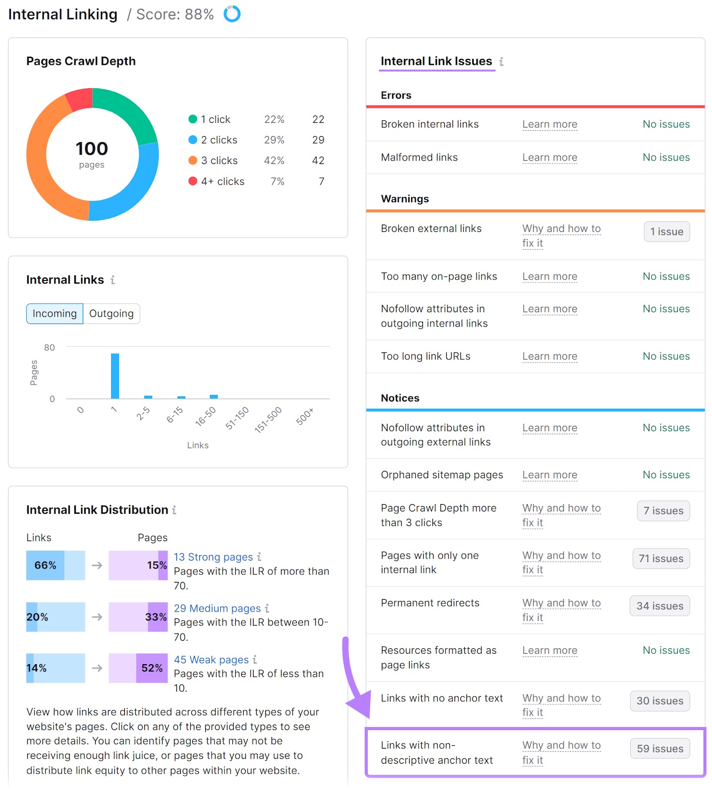 Internal Linking report in 现场审核 tool, with“Links with non-descriptive anchor text” highlighted