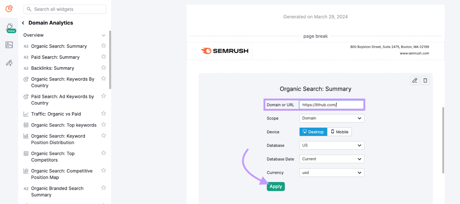 “Organic 搜索: Summary” widget added to the report