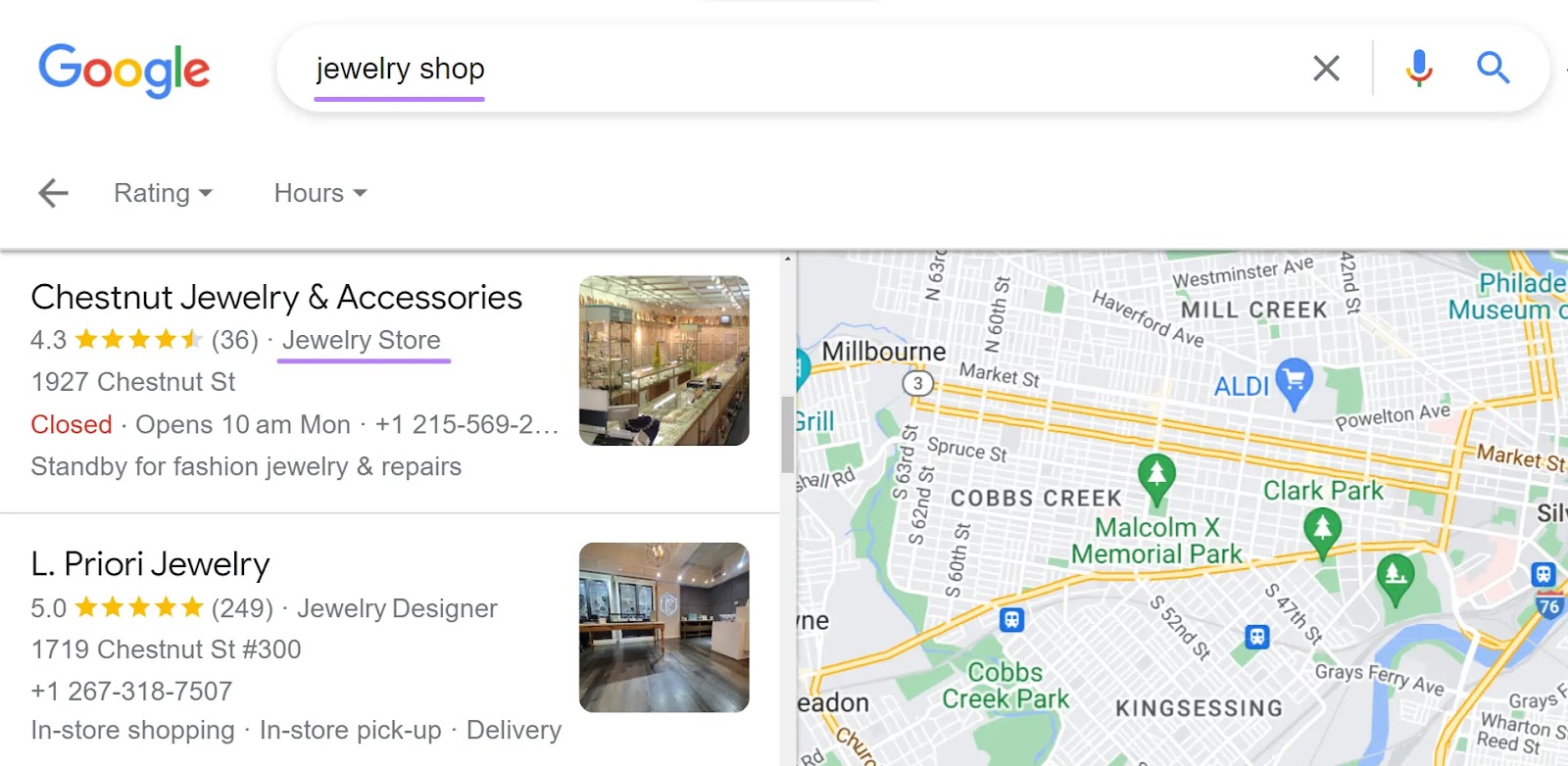 “jewelry store” category highlighted under 