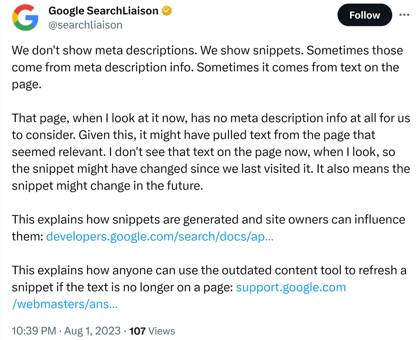 Google 搜索Liason's post on X explaining how Google uses 元描述s