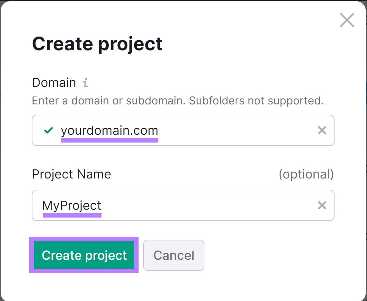 Create Project popup with 'yourdomain.com' in Domain field, 'MyProject' in Project field, and '创建项目' highlighted.