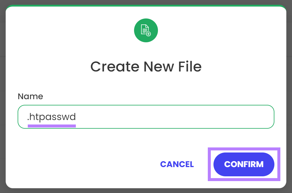 Web host interface showing ability to add a new file with the name 
