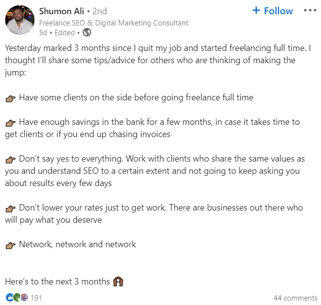 a LinkedIn帖子 from SEO freelancer Shumon Ali talking about pricing