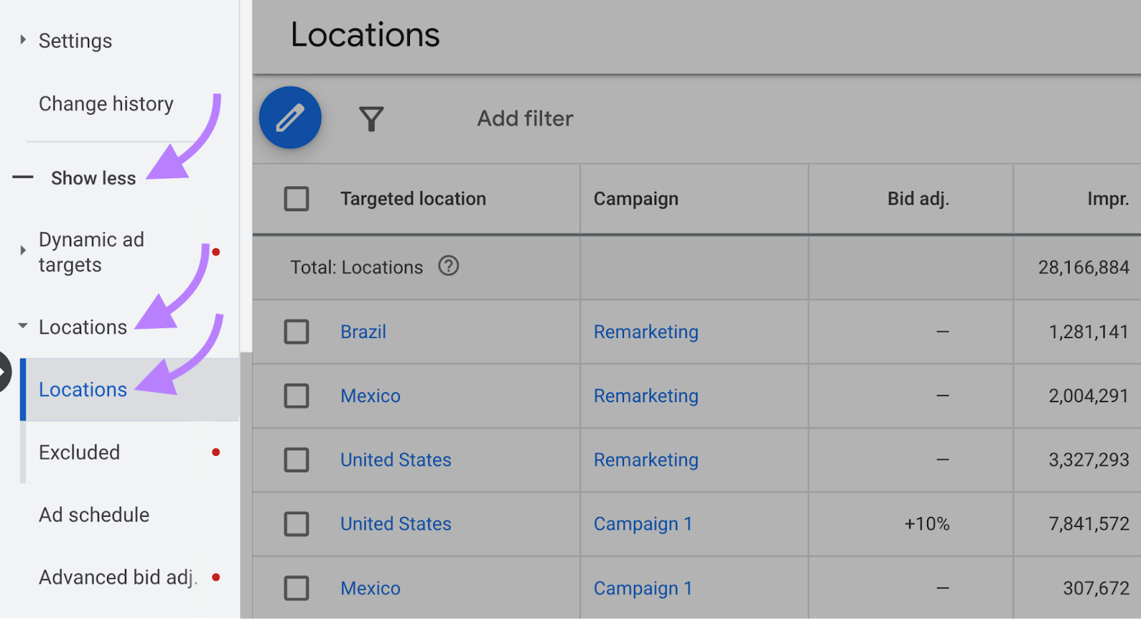 navigation to “地点”button in the left-side menu