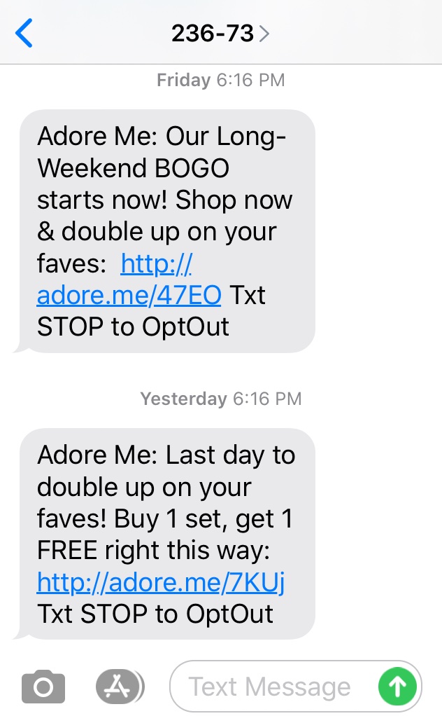 SMS 再评论 example from, lingerie brand, Adore Me encouraging users to take advantage of their 'buy one get one' sale.