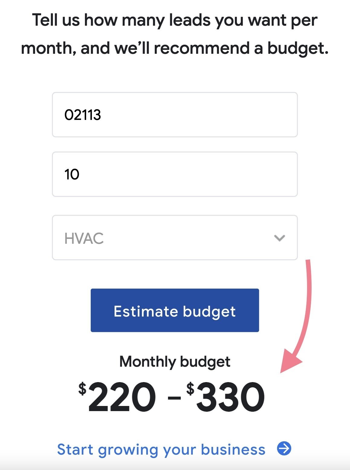 Google’s 成本工具 estimated monthly budget