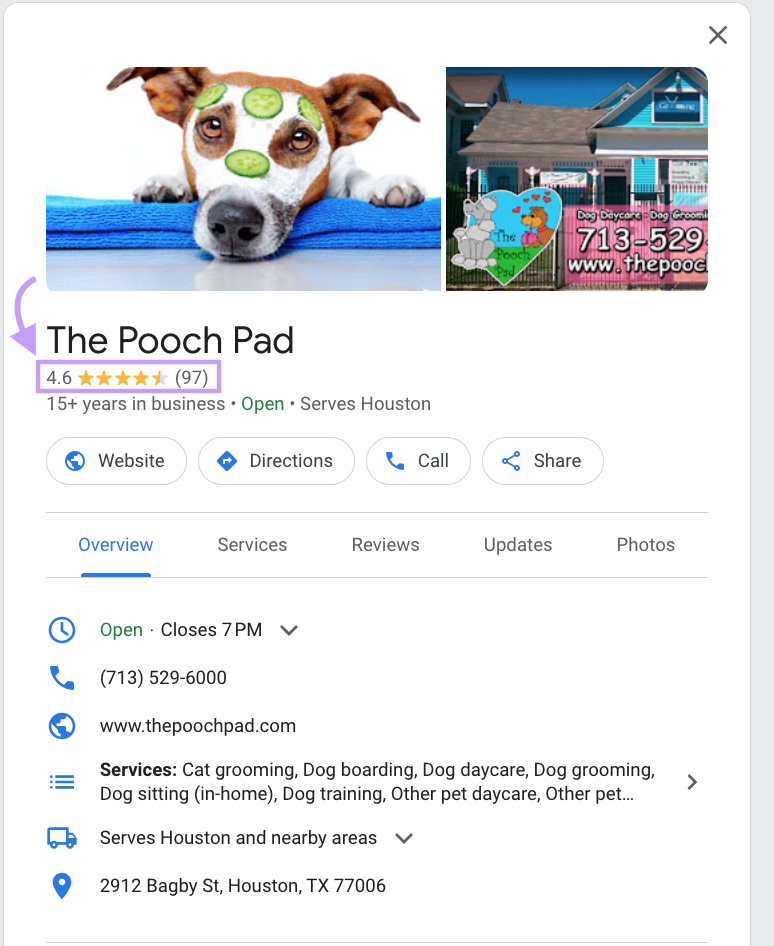 该Pooch Pad's Google business profile, showing 4.6 rating based on 97 customer reviews