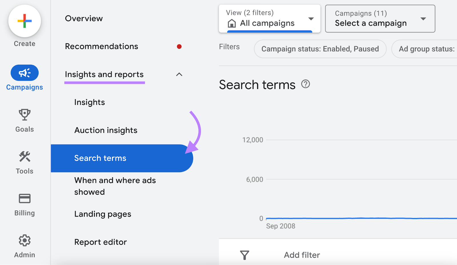 navigating to “搜寻条款”in the left-side menu of Google Ads