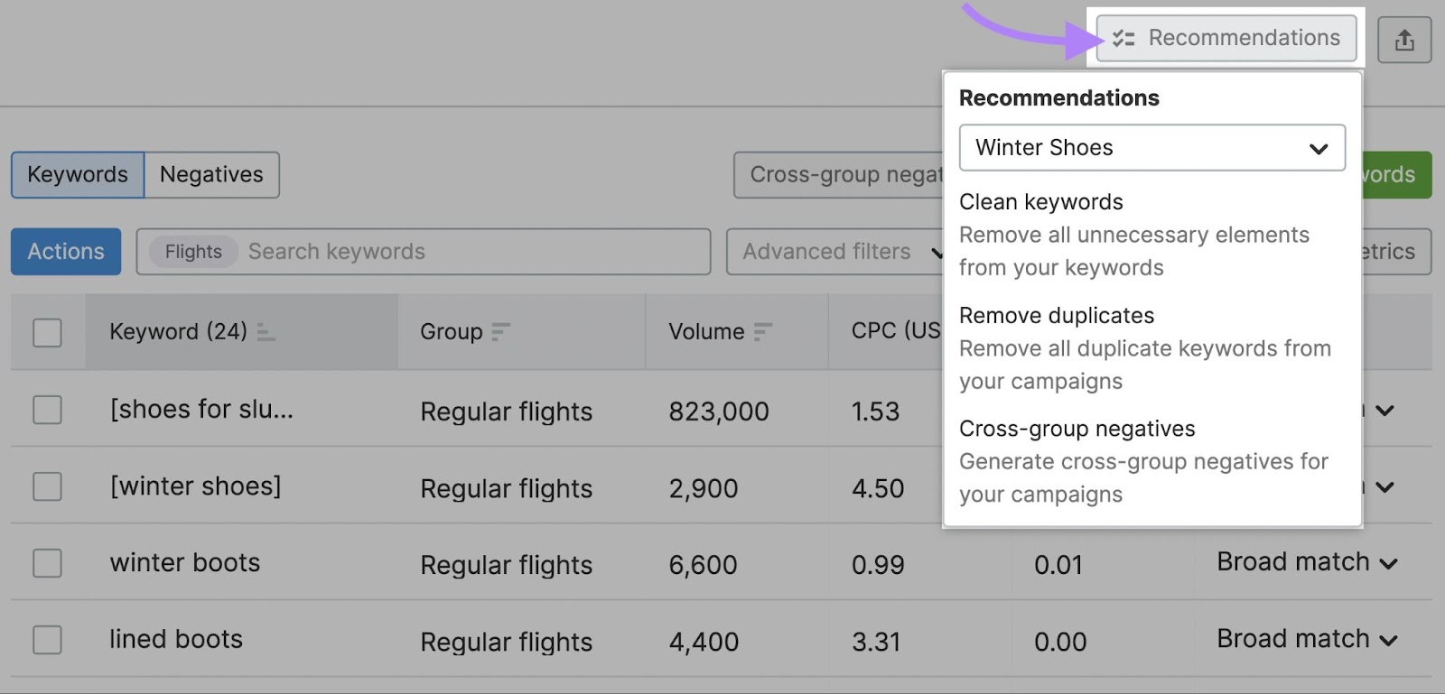 PPC的关键字工具 recommendations drop-down menu