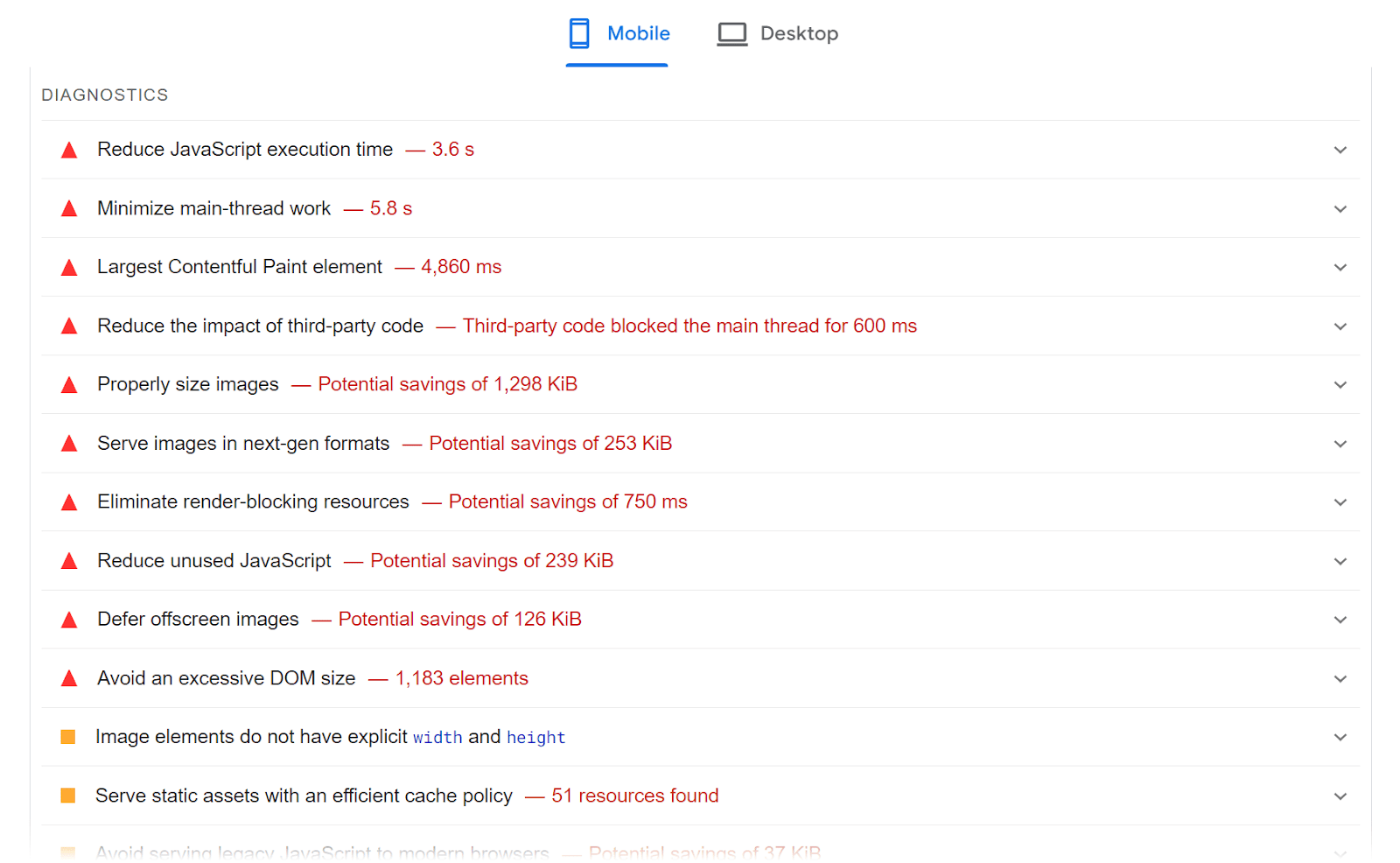 mobile performance diagnostics shown in PageSpeed洞察 tool