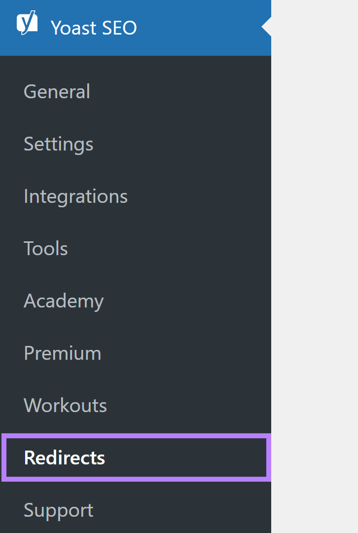 尤斯特搜索引擎优化 WordPress plugin side menu showing redirects option.