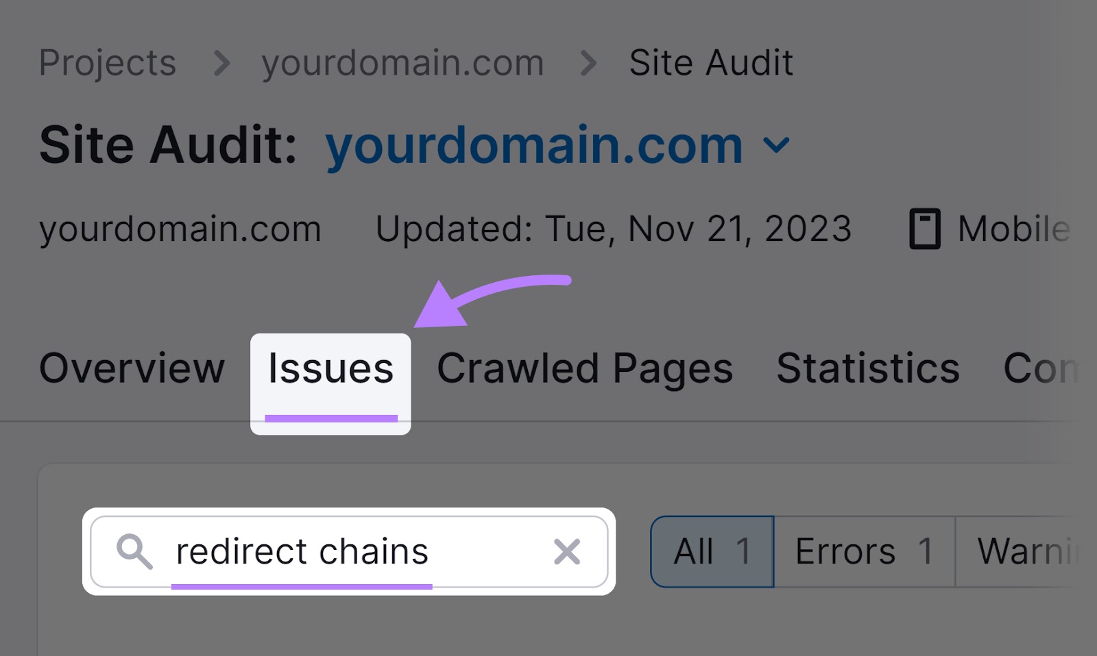 “redirect chains” entered in the search bar under 
