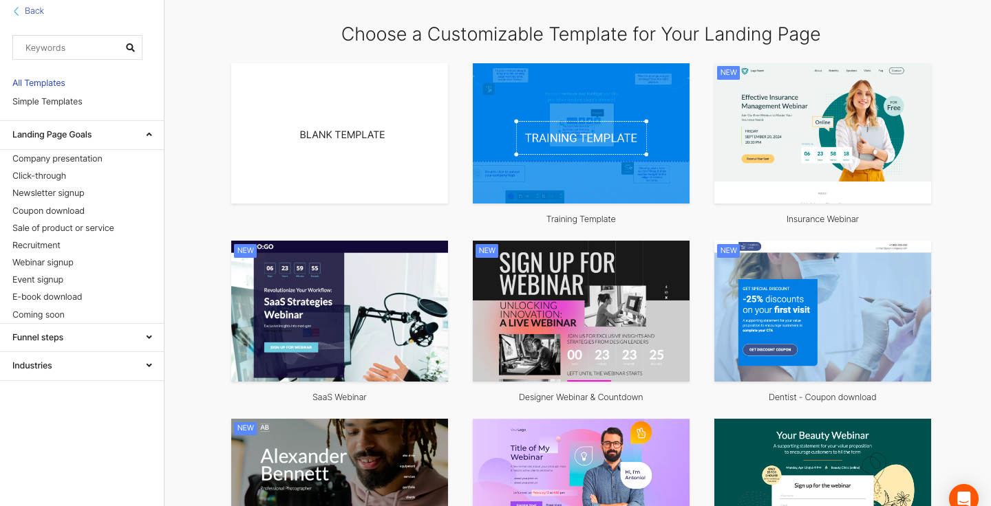 A tiled page showing some of the templates in the Semrush 着陆页生成器.