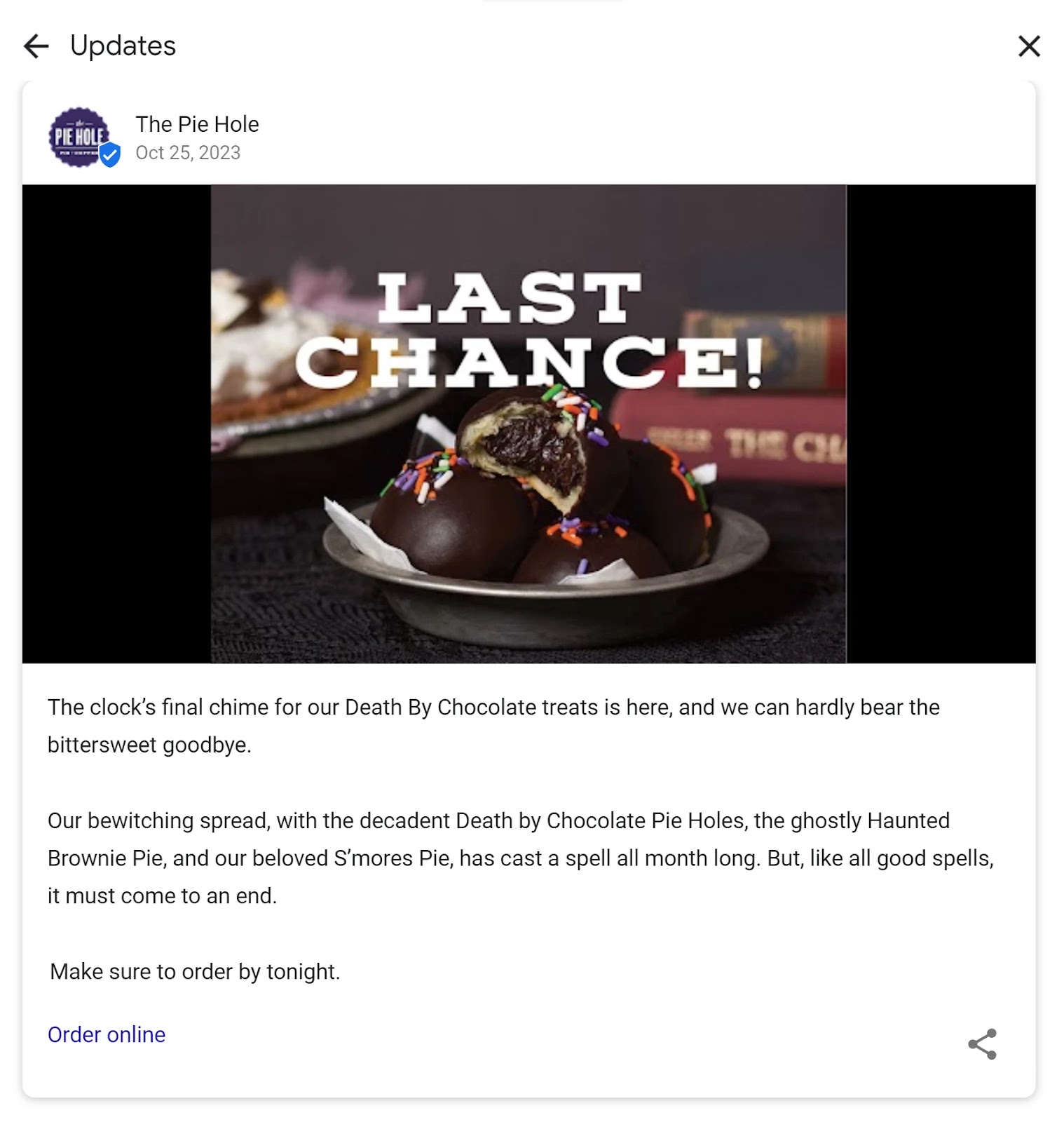 该Pie Hole's 谷歌业务简介 offer post