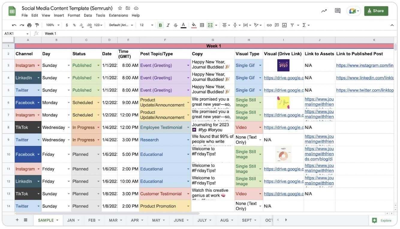 社交内容日历 template by Semrush