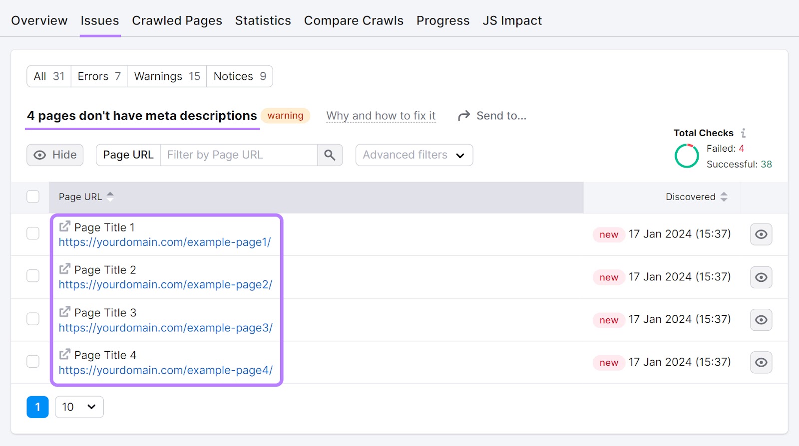 A list of pages missing the meta description shown in 现场审核 tool