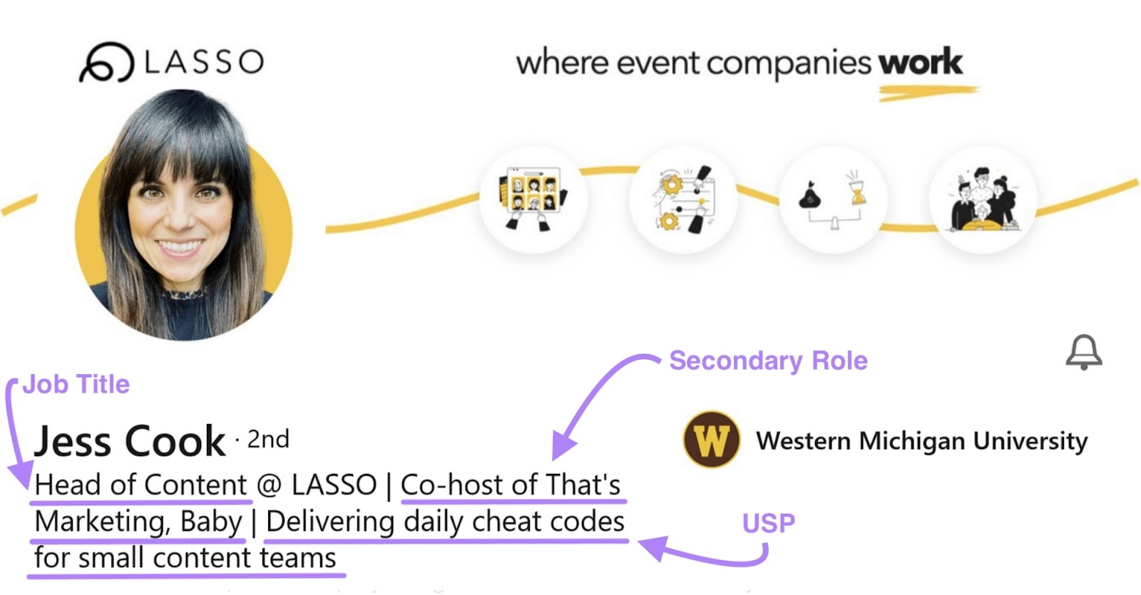 领英 profile page of Jess Cook highlighting the elements of a compelling headline