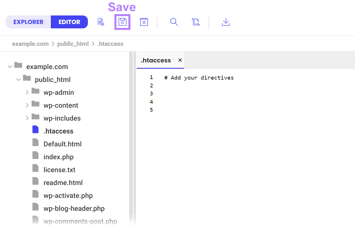 .htaccess的 file editor within a web host's file manager.