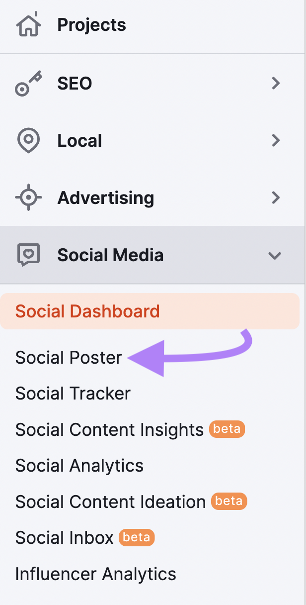 Selecting 社交海报 from the left hand menu on Semrush