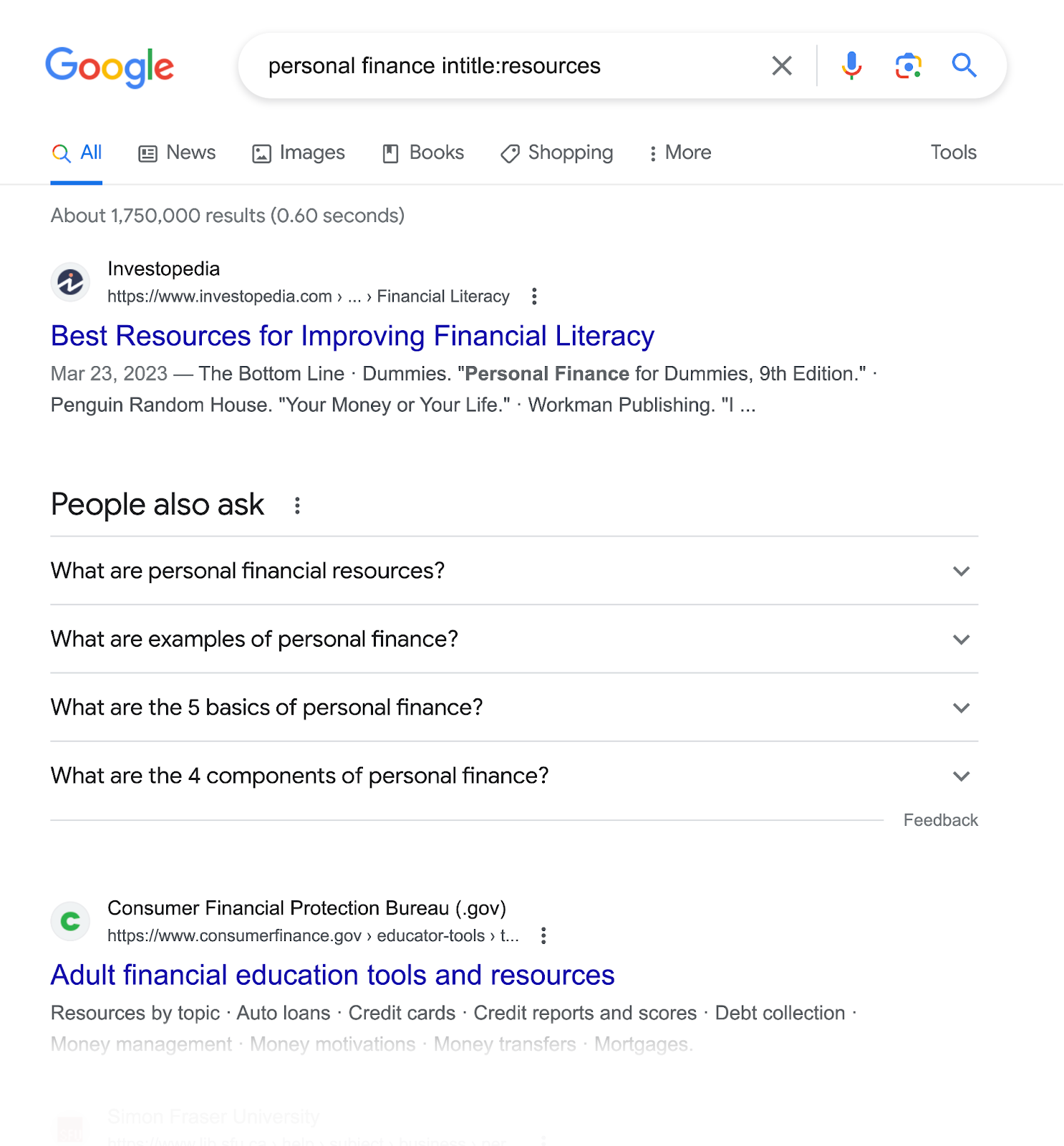 Google search results page for