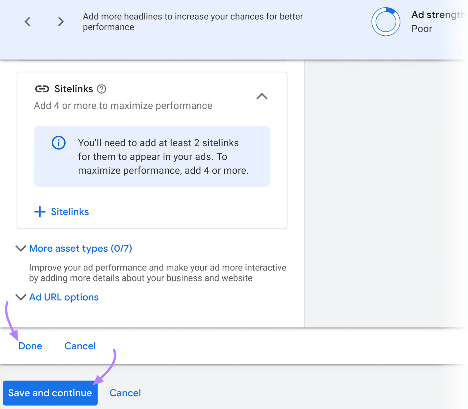 Ad setup interface with two sets of buttons at the bottom, with arrows pointing at them: 