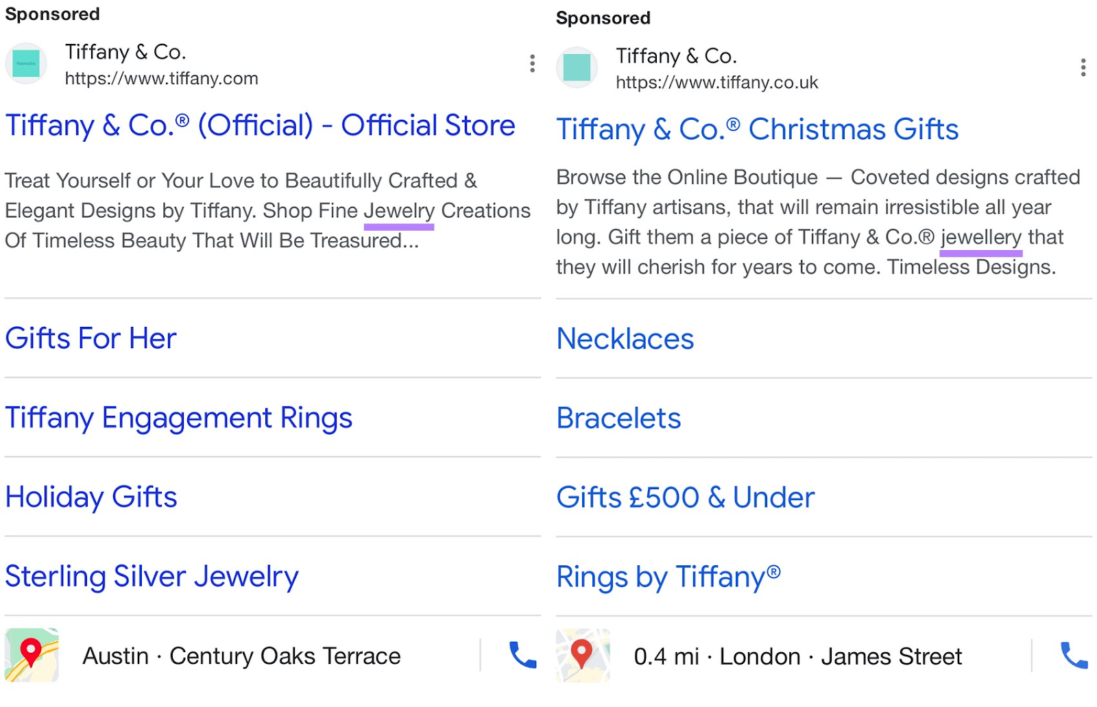 A side by side comparison of Tiffany & Co.'s mobile ad, with