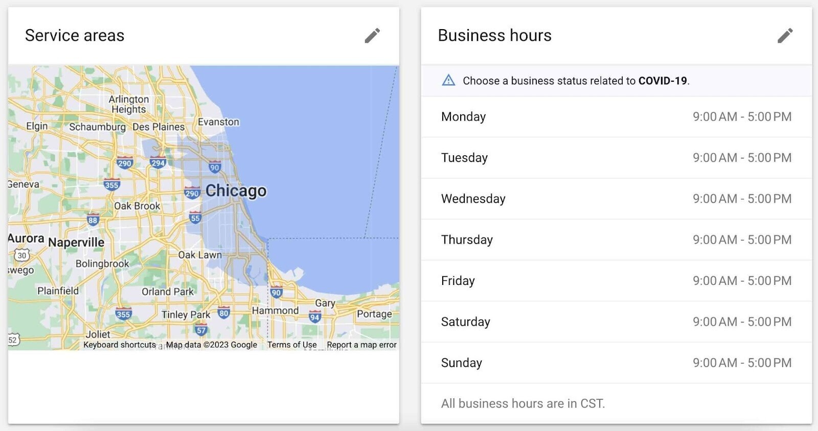 service areas和business hours page