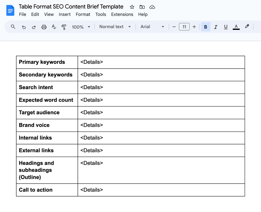 表格格式 of SEO content brief template